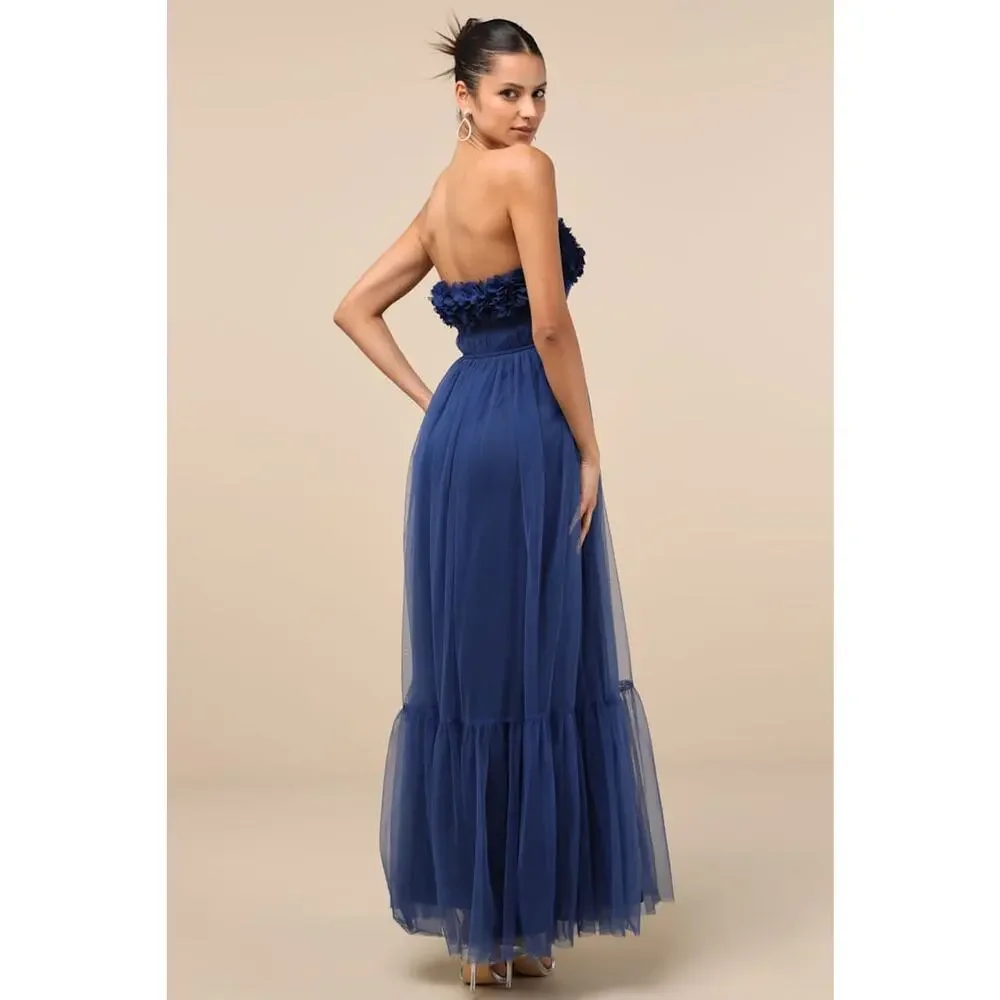 Lulus Women’s Chic Spectacle Navy 3D Floral Strapless Maxi Dress Medium